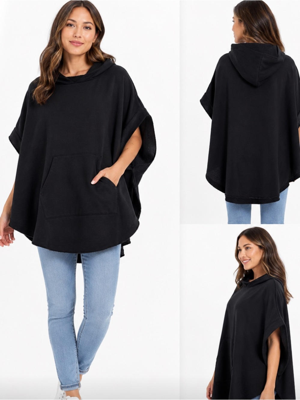 OAK Black Hooded Poncho with Front Pocket one Size